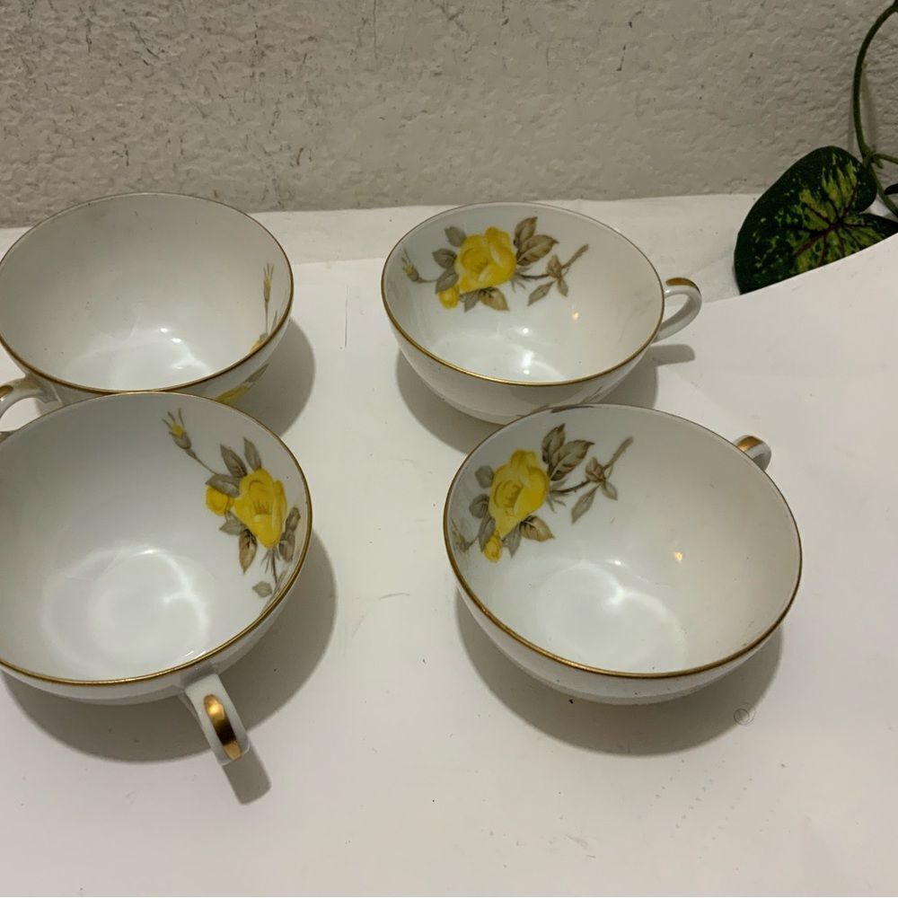 Cotillion Yellow Rose Gold Trim by Sango Japan Flat Wide Cup Set Of 4 Vi…